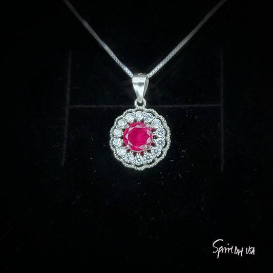 Tiny Ruby Flower Necklace Diamond Cherry Blossoms Sterling Silver White Gold Plated 0.85 CT July Birthstone 1049