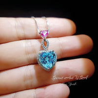 Aquamarine Double Heart Necklace - March Birthstone - 18KGP @ Sterling Silver - Double Heart 4Ct - Blue Aquamarine Pendant #786