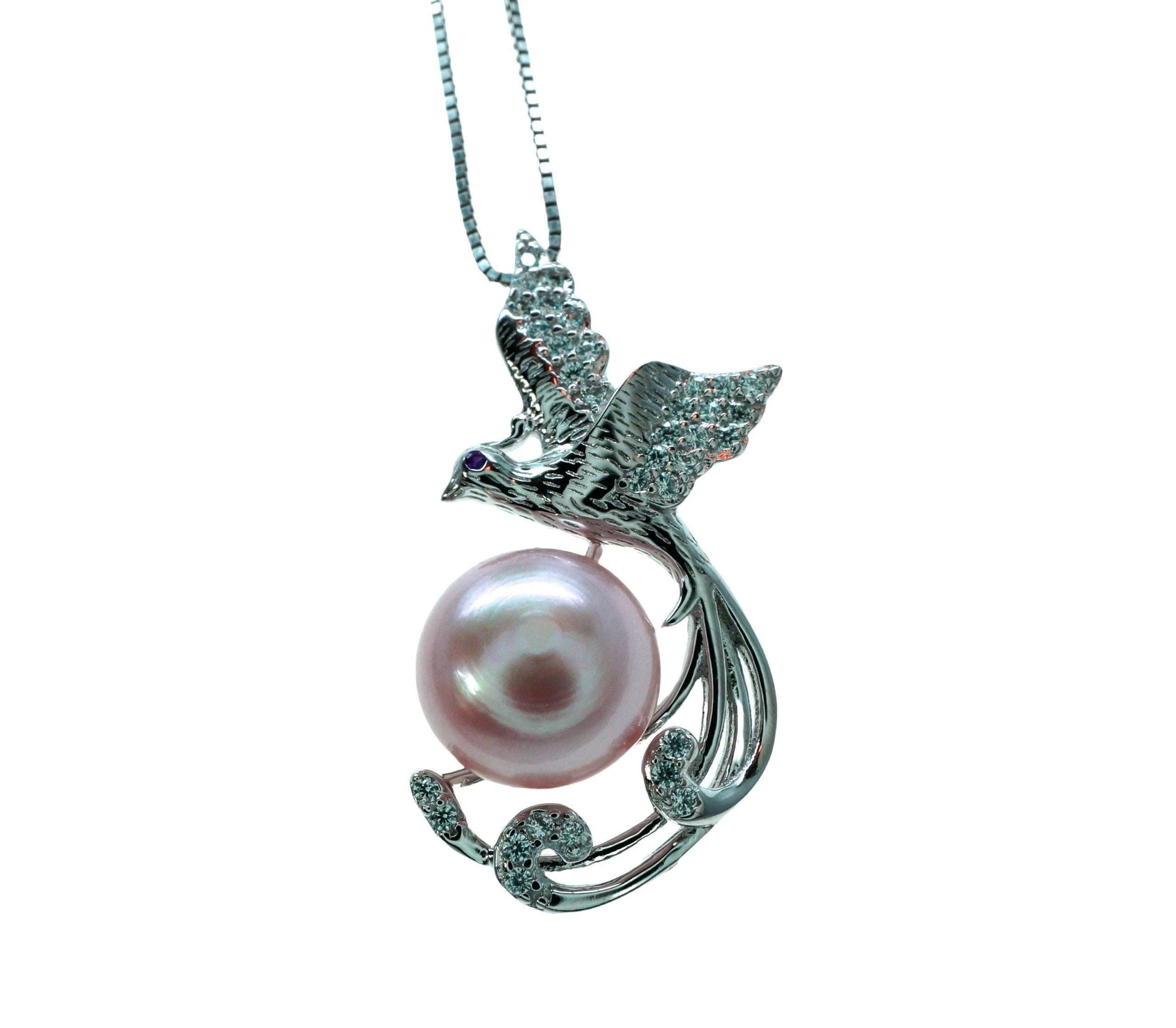 Small Freshwater Pink Pearl Phoenix Necklace Full 925 Sterling Silver 18kgp Bird Pendant Pearl Jewelry #932