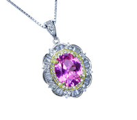 Large 2.8 Ct Pink Tourmaline Necklace - White Gold Diamond Flower Pink Tourmaline Pendant Sterling Silver Oval Fuchsia Gemstone Jewelry #662