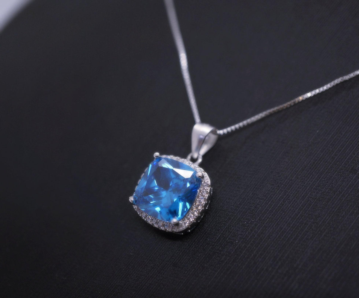 Topaz Necklace - Sterling Silver Cushion Square Large 6 CT Blue Topaz Jewelry #542