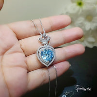Aquamarine Necklace - Blue Hear Pendant - Sterling Silver Crown - Sim Gemstone - 7 Ct Blue Aquamarine Jewelry - March Birthstone #804