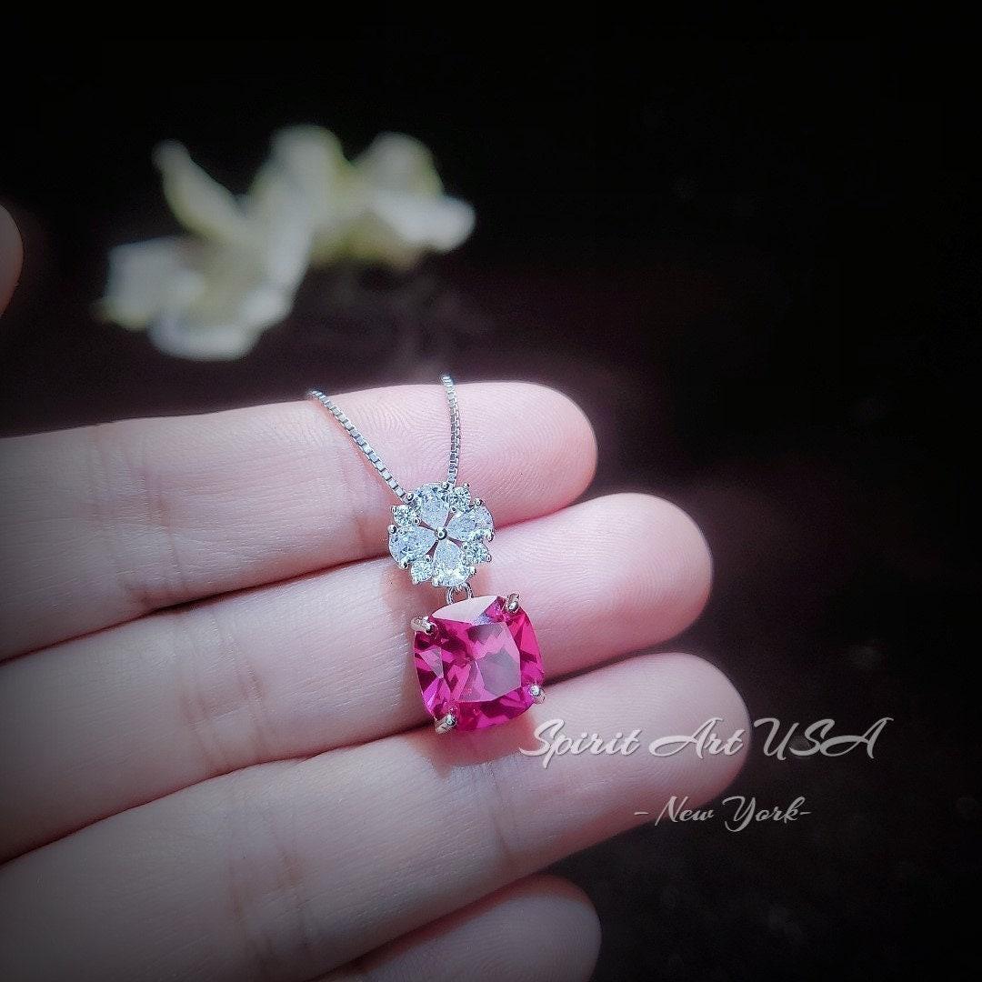 Pink Sapphire Necklace - Hot Pink Topaz Jewelry Four leaf clover Pendant - 18k@ Sterling Silver - Large Cushion Cut 6 CT Pink Sapphire #595