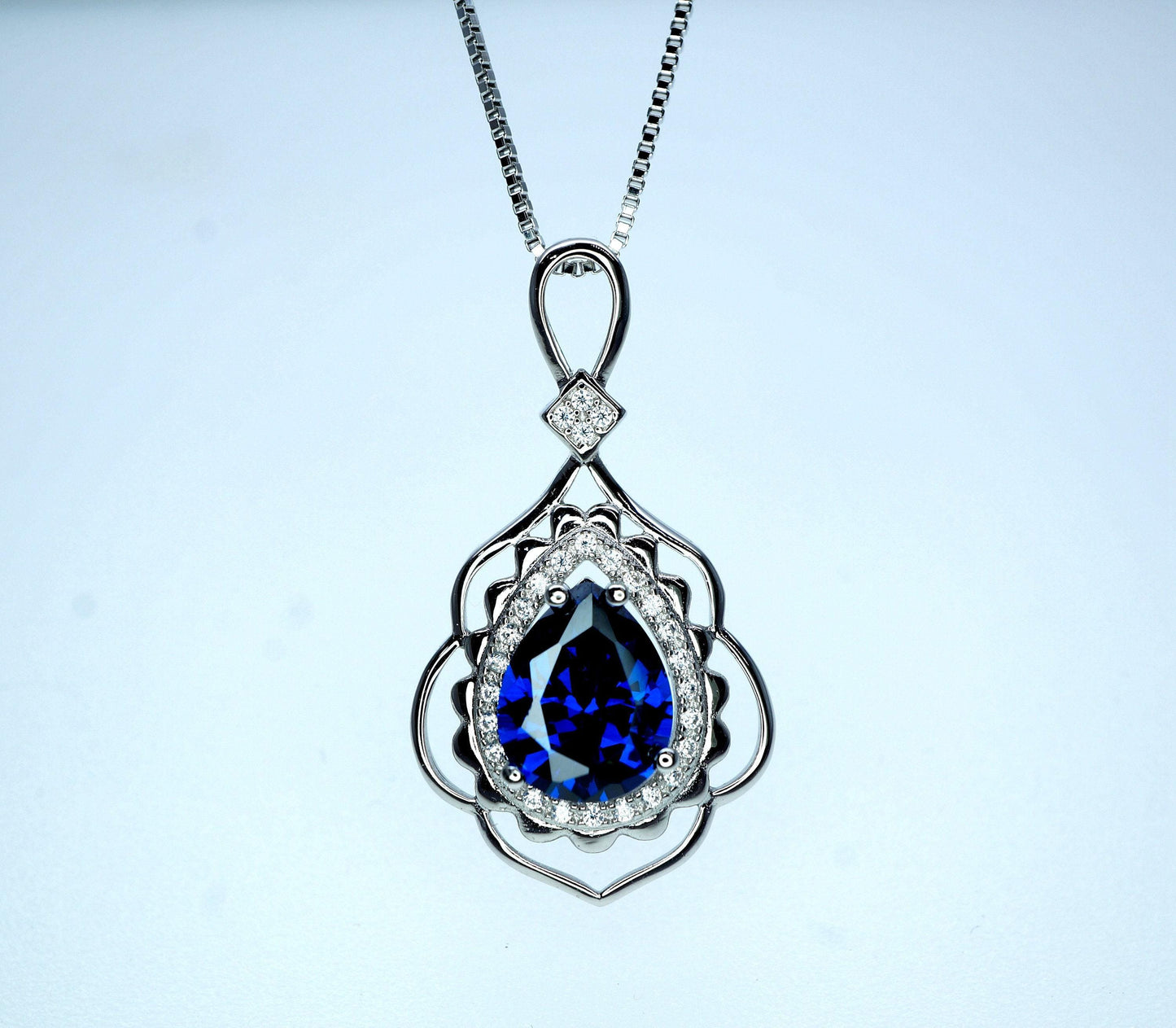 Teardrop Blue Sapphire Necklace 2.75 CT Royal Blue Sapphire Gemstone Pendant Sterling Silver Pear White Gold Petal Jewelry #773