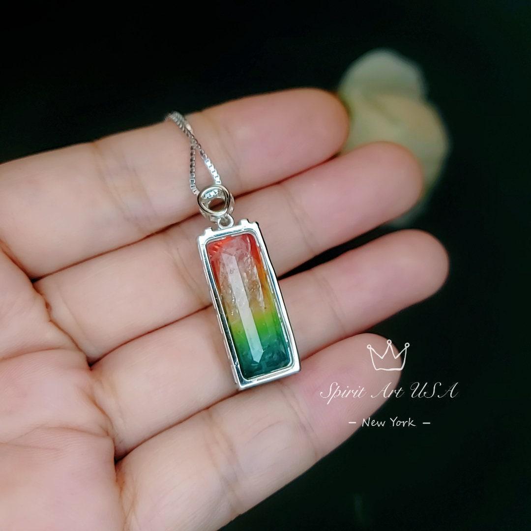 Rainbow Tourmaline Necklace Sterling Silver Rectangular Large Royal Gemstone Manmade Synthetic Water Melon Gemstone Pendant #980