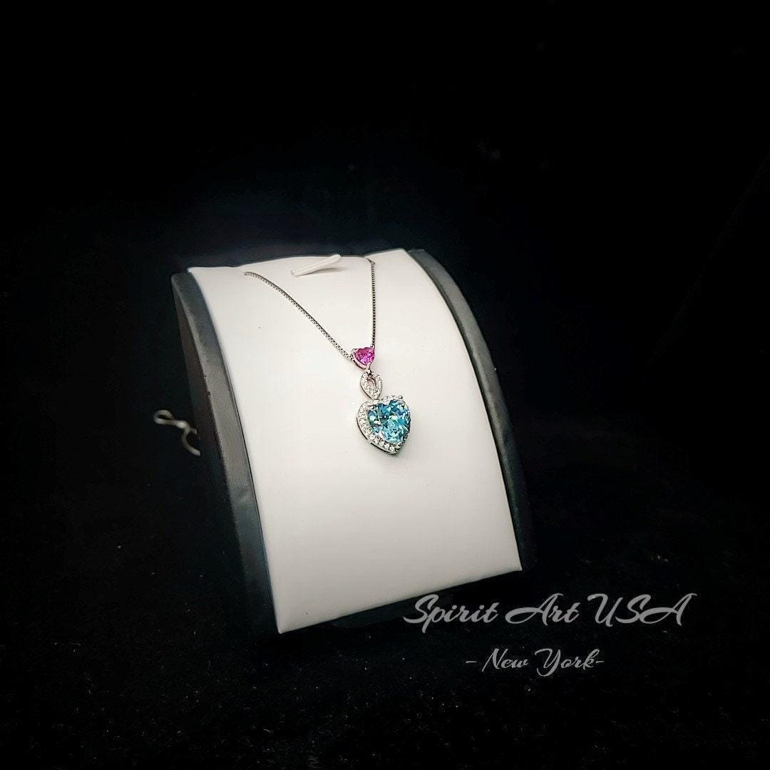 Aquamarine Necklace - March Birthstone -Double Heart Pink tourmaline pendant 18KGP @ Sterling Silver - Blue Aquamarine Jewelry #786