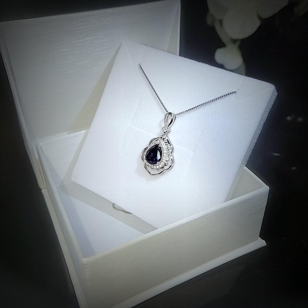 Teardrop Blue Sapphire Necklace 2.75 CT Royal Blue Sapphire Gemstone Pendant Sterling Silver Pear White Gold Petal Jewelry #773
