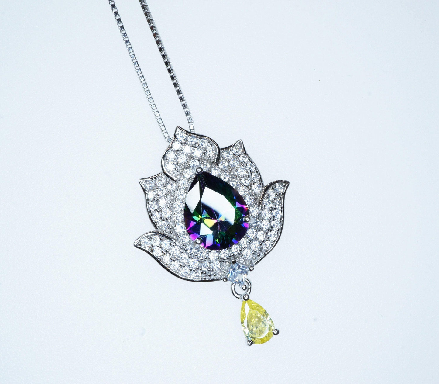 Mystic topaz Diamond Lotus Necklace - 18kgp @ Sterling Silver - Large Rainbow Mystic Topaz Pendant Luxury Flower Pendant #1004