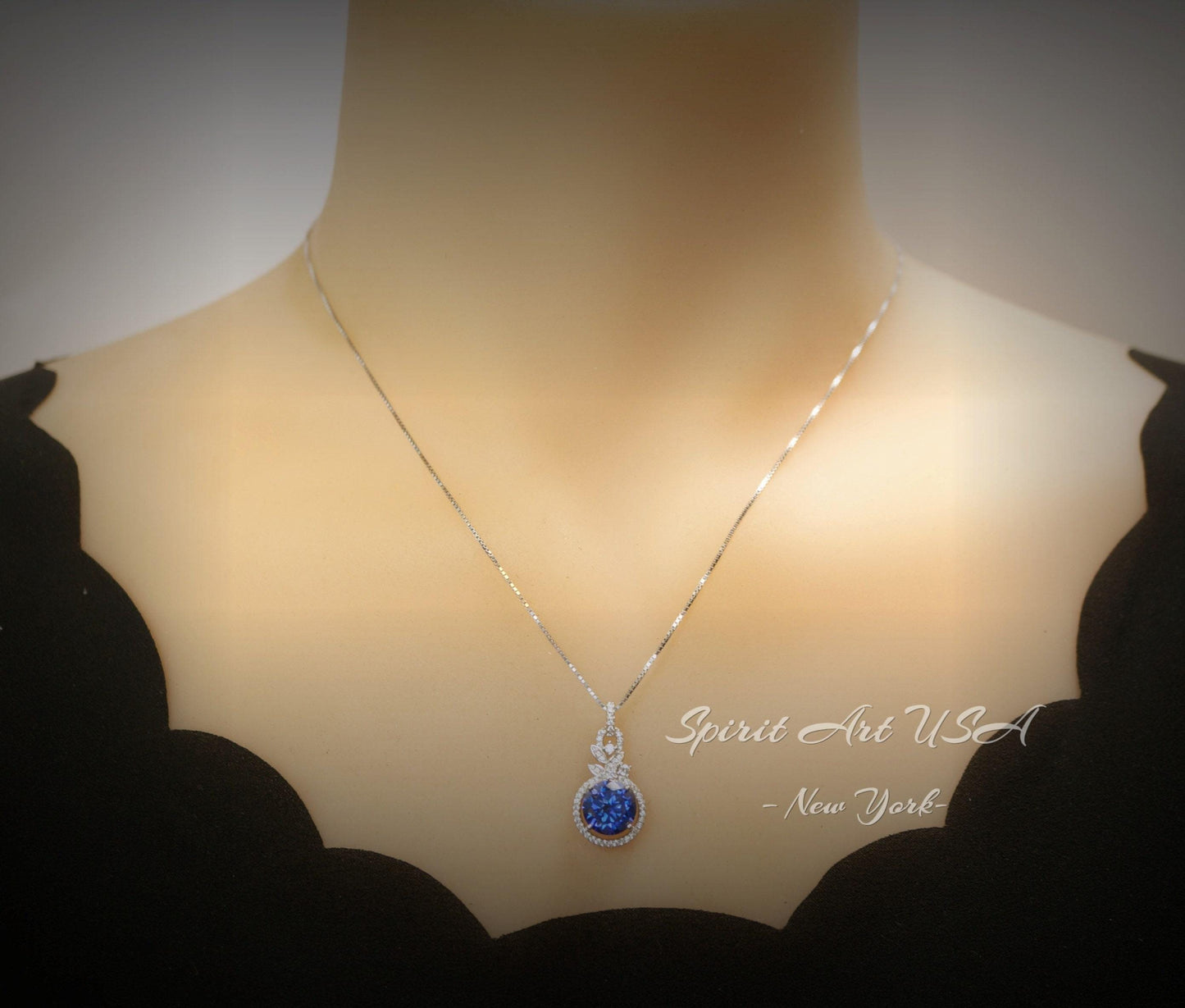3.8 CT Blue Sapphire Necklace - 18KGP Sterling Silver Flower Petal - September Birthstone - Unique Design Sapphire Pendant #580
