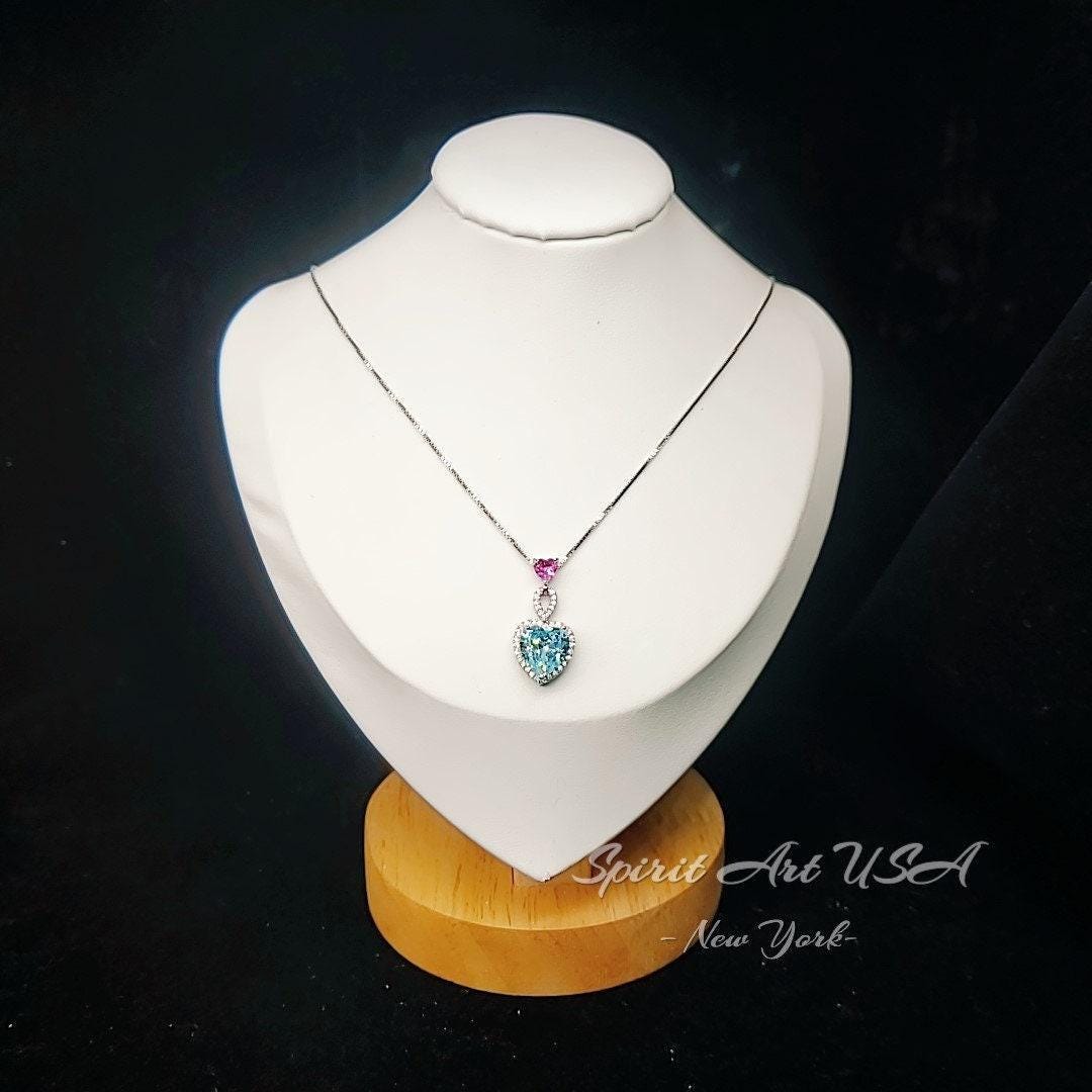 Aquamarine Necklace - March Birthstone -Double Heart Pink tourmaline pendant 18KGP @ Sterling Silver - Blue Aquamarine Jewelry #786