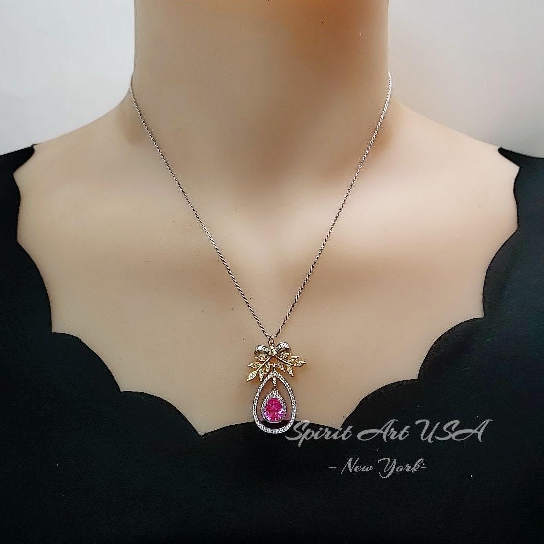 Teardrop Pink Sapphire Necklace Full Sterling Silver olive branch 2.5 Ct Pear Cut Gold Plated the Tree Of Life Pendant Fuchsia Gemstone #852
