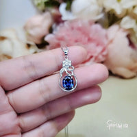 Blue Sapphire Necklace - Sterling Silver Flower Pendant, Oval 3 Ct Blue Sapphire Gemstone Jewelry #391