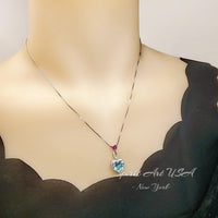 Aquamarine Double Heart Necklace - March Birthstone - 18KGP @ Sterling Silver - Double Heart 4Ct - Blue Aquamarine Pendant #786