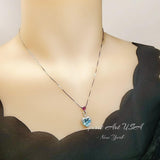 Aquamarine Double Heart Necklace - March Birthstone - 18KGP @ Sterling Silver - Double Heart 4Ct - Blue Aquamarine Pendant #786