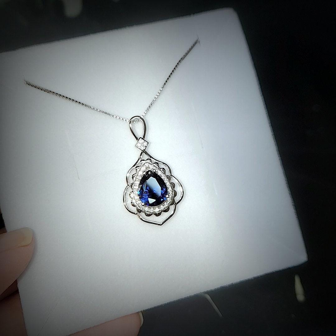 Teardrop Blue Sapphire Necklace 2.75 CT Royal Blue Sapphire Gemstone Pendant Sterling Silver Pear White Gold Petal Jewelry #773