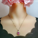 Large 2.8 Ct Pink Tourmaline Necklace - White Gold Diamond Flower Pink Tourmaline Pendant Sterling Silver Oval Fuchsia Gemstone Jewelry #662