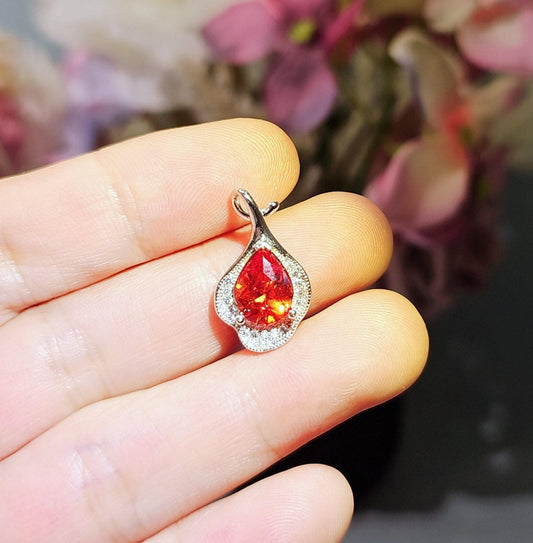 Orange Sunstone Necklace Sterling Silver Flower Petal Pendant Teardrop Sun stone Gemstone #989