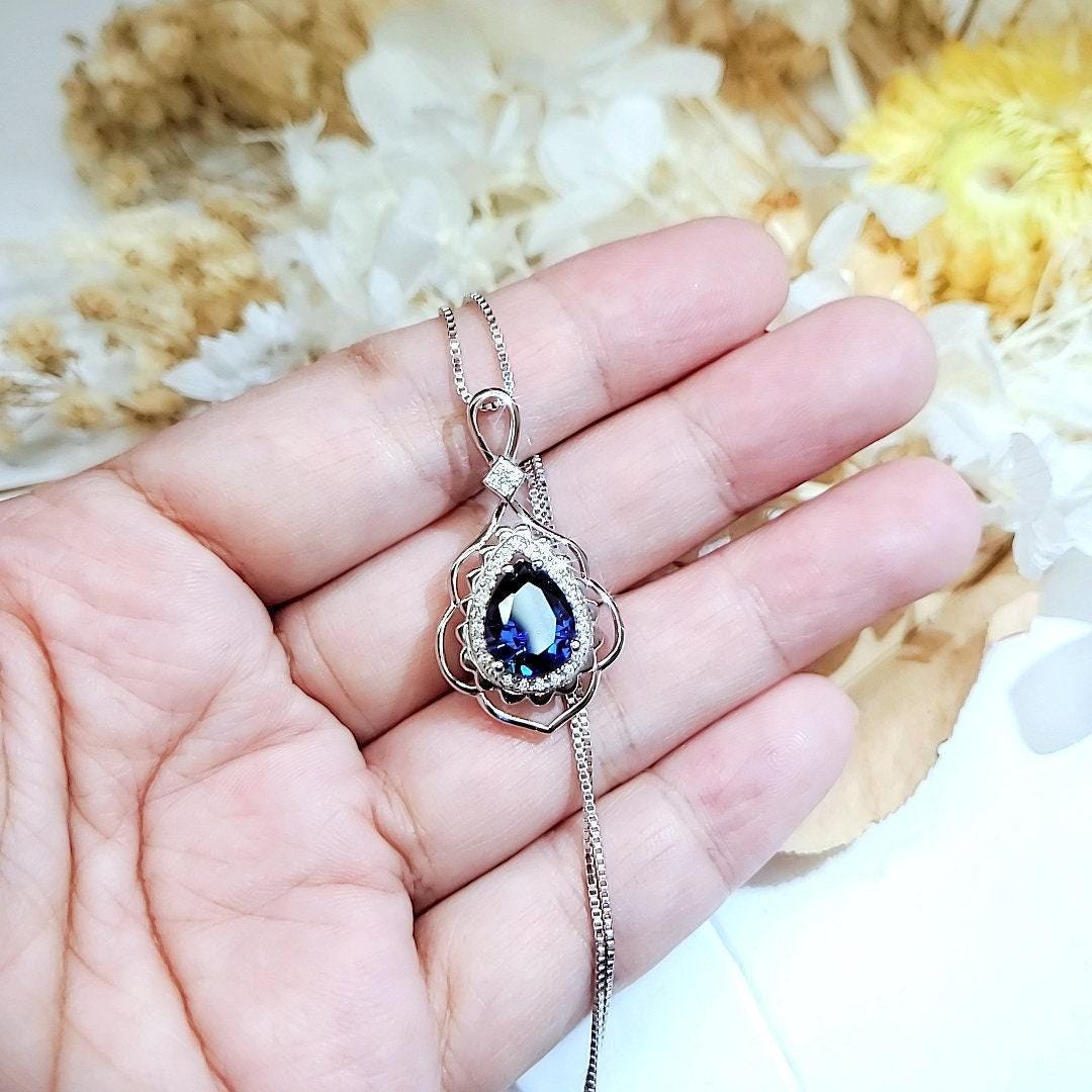 Teardrop Blue Sapphire Necklace 2.75 CT Royal Blue Sapphire Gemstone Pendant Sterling Silver Pear White Gold Petal Jewelry #773