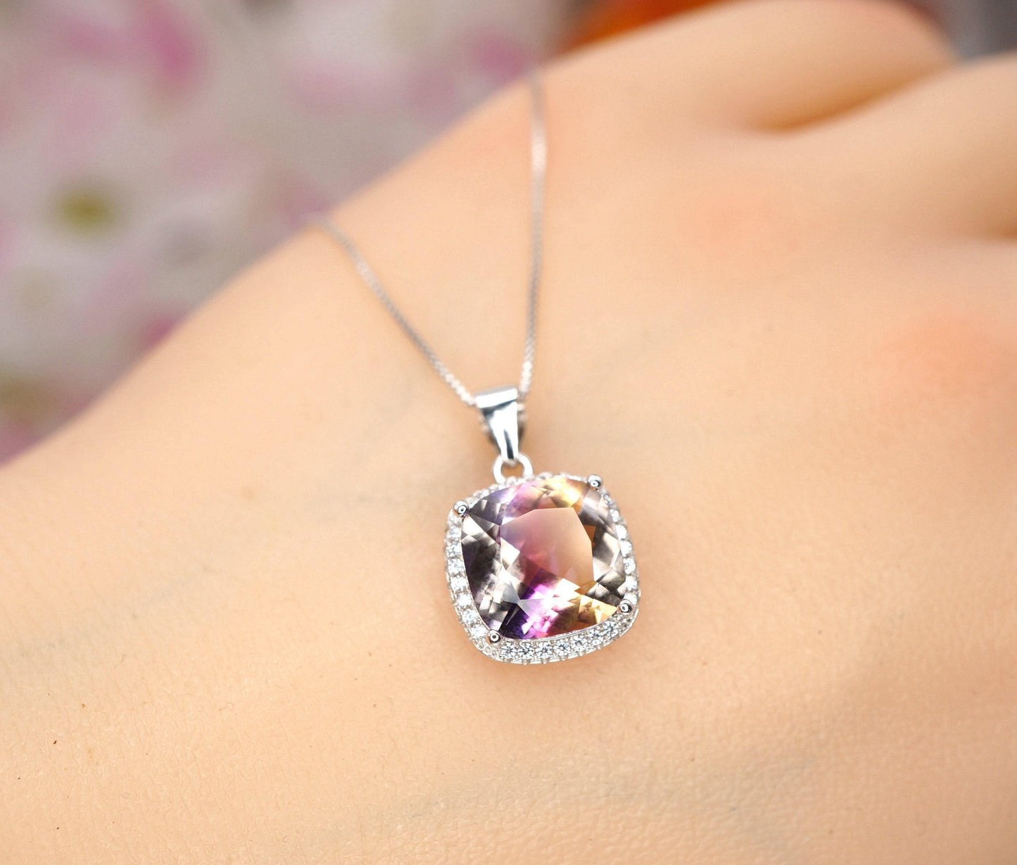 Square Ametrine Necklace - Large Lab created synthetic Ametrine Pendant Sterling Silver White gold plated #348