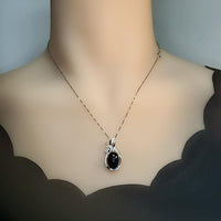 Large Black Onyx Necklace - Natural Black Agate Protective High Frequency Energy Leaf Jewelry Diamond Flower Sterling Silver 1039