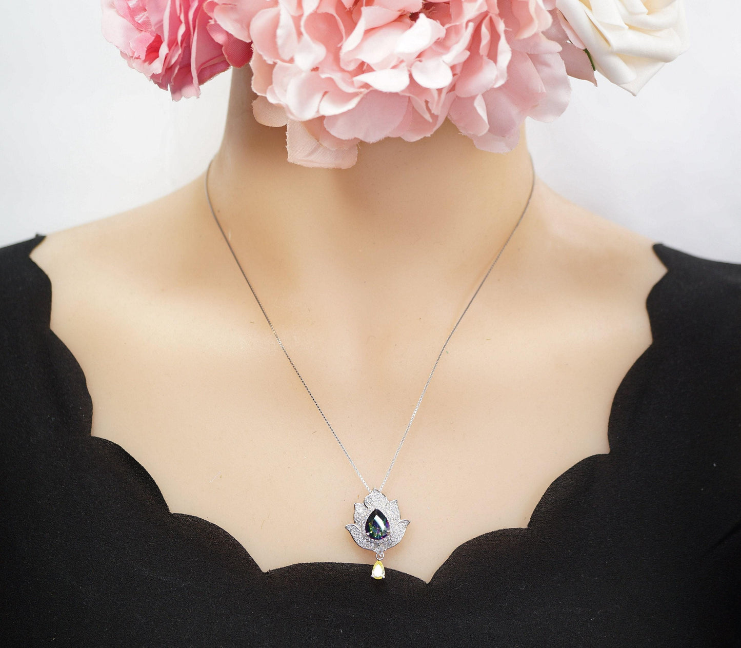 Mystic topaz Diamond Lotus Necklace - 18kgp @ Sterling Silver - Large Rainbow Mystic Topaz Pendant Luxury Flower Pendant #1004