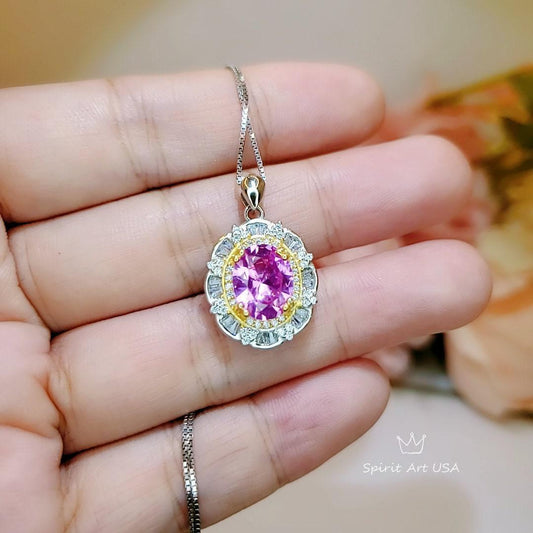 Large 2.8 Ct Pink Tourmaline Necklace - White Gold Diamond Flower Pink Tourmaline Pendant Sterling Silver Oval Fuchsia Gemstone Jewelry #662
