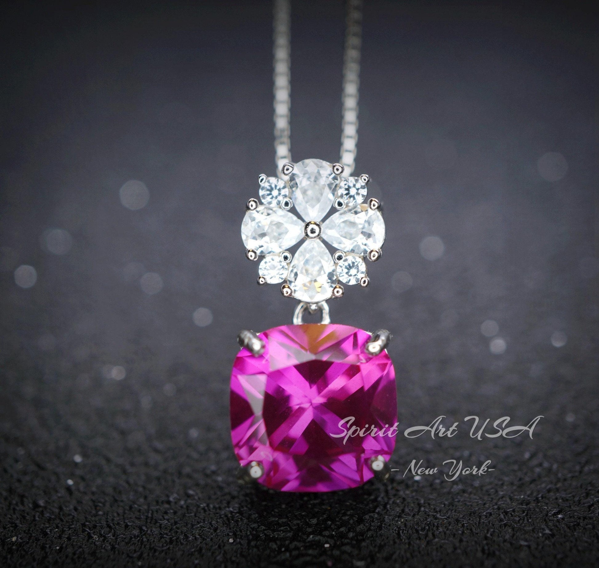 Pink Sapphire Necklace - Hot Pink Topaz Jewelry Four leaf clover Pendant - 18k@ Sterling Silver - Large Cushion Cut 6 CT Pink Sapphire #595