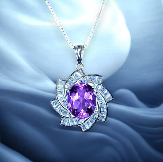 Genuine Amethyst Necklace Luxury February Birthstone White Gold Sterling Silver Milky Way Spiral Galaxy Energy Vortexes Windmill 3 CT #1087