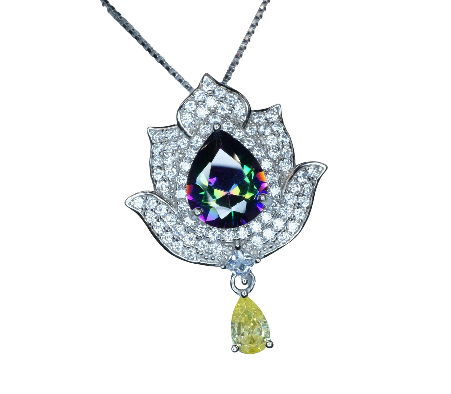 Mystic topaz Diamond Lotus Necklace - 18kgp @ Sterling Silver - Large Rainbow Mystic Topaz Pendant Luxury Flower Pendant #1004