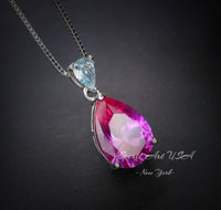 Large Pink Sapphire Necklace - 5.5 CT Teardrop Fuchsia Pink Sapphire Pendant - White Gold Coated Sterling Silver Pink Sapphire Jewelry #747