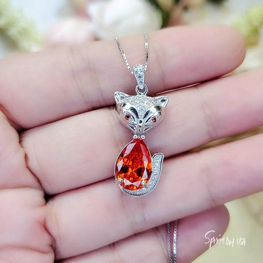 Fox Sunstone Necklace - 18KGP @ Sterling Silver Tangerine Sapphire Jewelry 2 CT Red Orange Sun stone Pendant #466