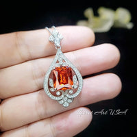 5 Ct Sunstone Necklace in Sterling Silver - Spiritual Flower Design with Scissor Cut Lab Orange Sapphire Tangerine white gold tone #986