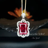Gemstone Flower Red Ruby Necklace - Large Rectangle Baguette Cut Ruby Pendant - 18KGP @ Sterling Silver - July Birthstone #802