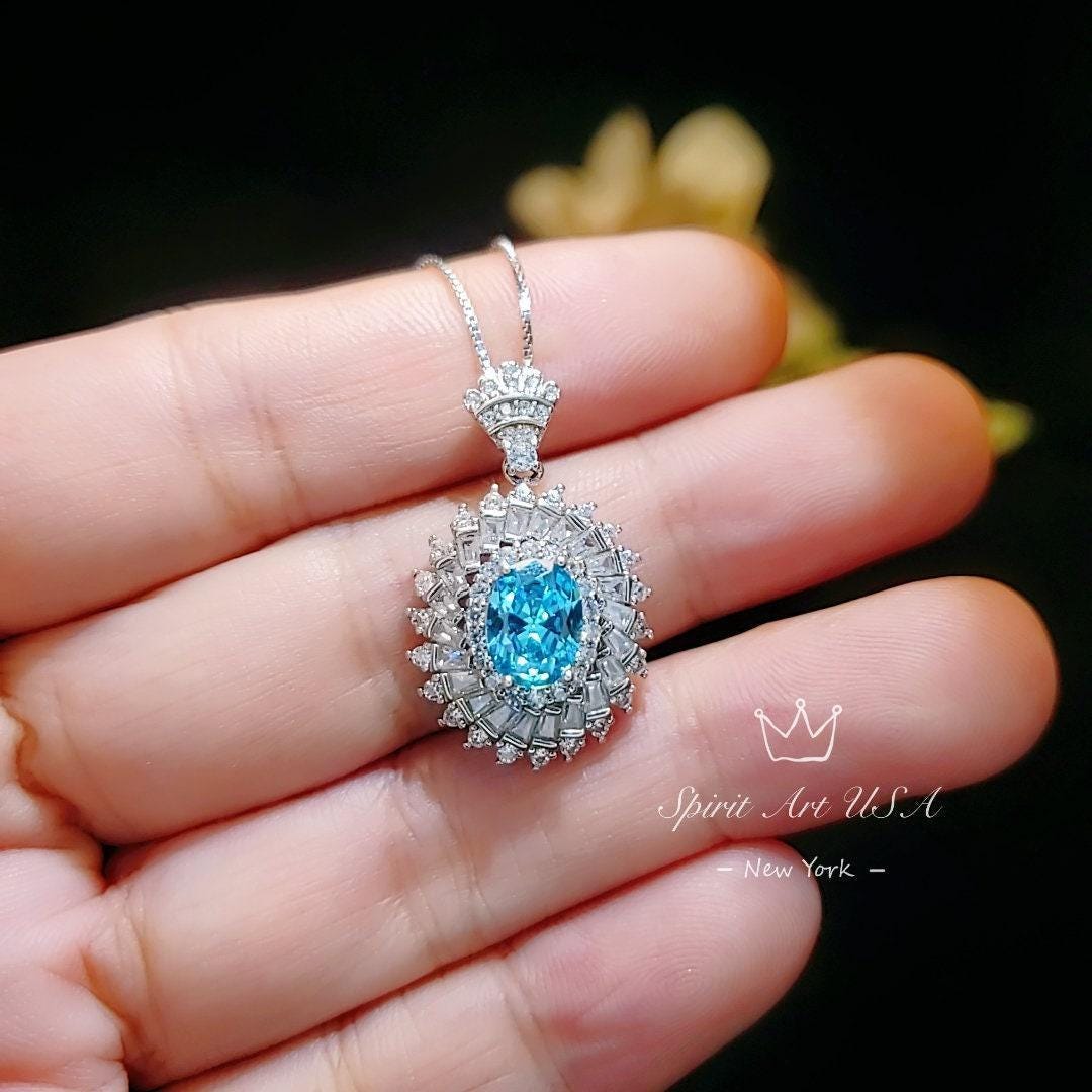 Aquamarine Halo Pendant Necklace in Sterling Silver, Baguette Round Sunburst Cluster, March Birthstone Deep Blue Aquamarine #777