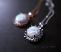 Rose Gold Opal Necklace Gemstone Halo Sunflower White Opal Pendant Sterling Silver Princess Diana Style Jewelry #209