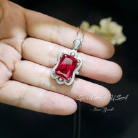Gemstone Flower Red Ruby Necklace - Large Rectangle Baguette Cut Ruby Pendant - 18KGP @ Sterling Silver - July Birthstone #802