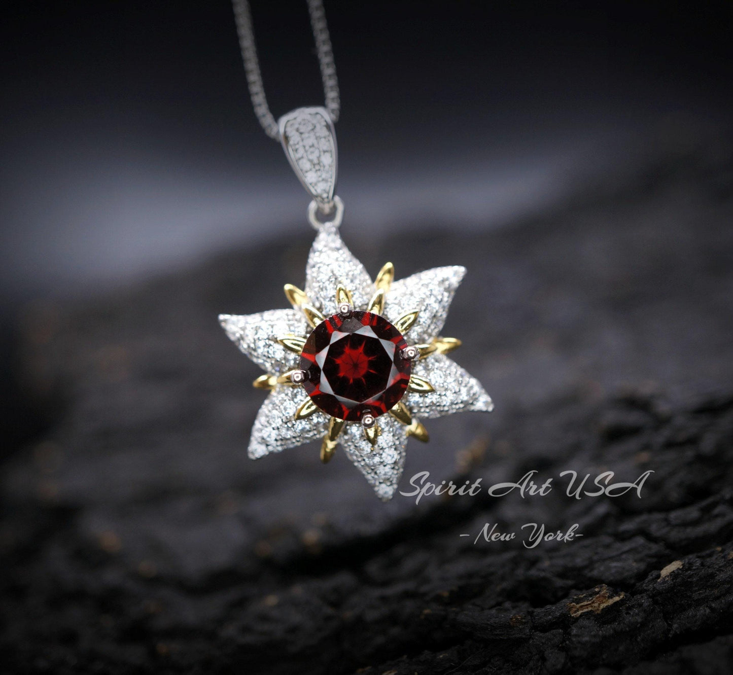 Gemstone Star Red Garnet Necklace - 18KGP Sterling Silver - 6 Point Star Garnet Pendant - 2CT Hexagram Red Garnet Jewelry #876