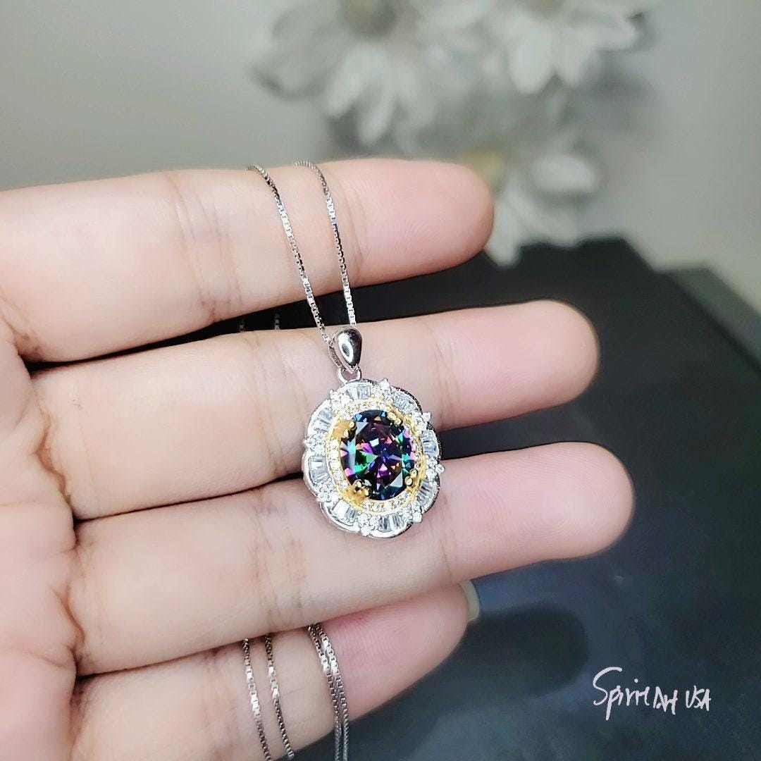 Large Oval Mystic Topaz Necklace - Sterling Silver Rainbow Topaz Pendant #550
