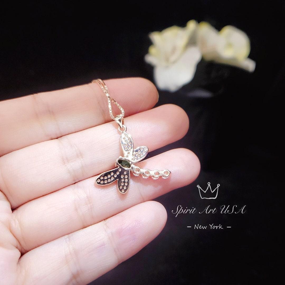 Dragonfly Necklace - Emerald Necklace - Rose Gold Coated 925 Sterling Silver #333