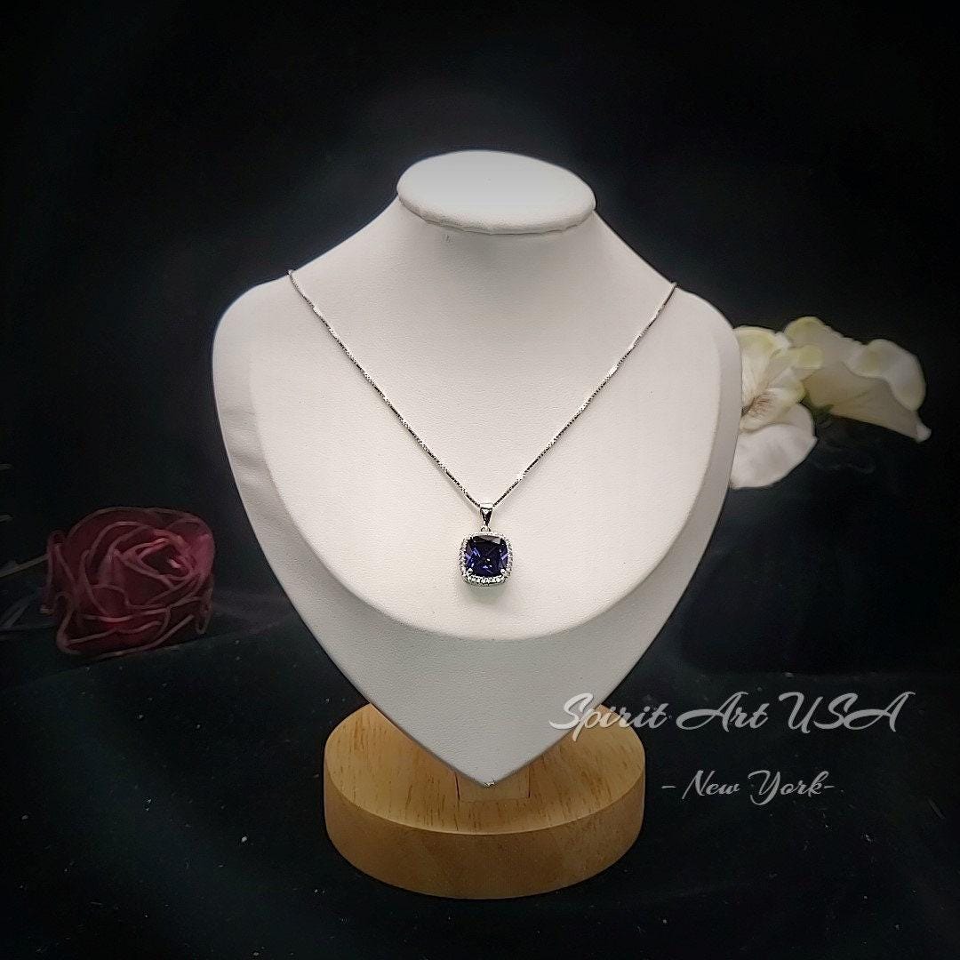 Large Tanzanite Necklace - 18KGP @ Sterling Silver - December Birthstone jewelry - Square Cushion Deep Blue 5CT Tanzanite #696