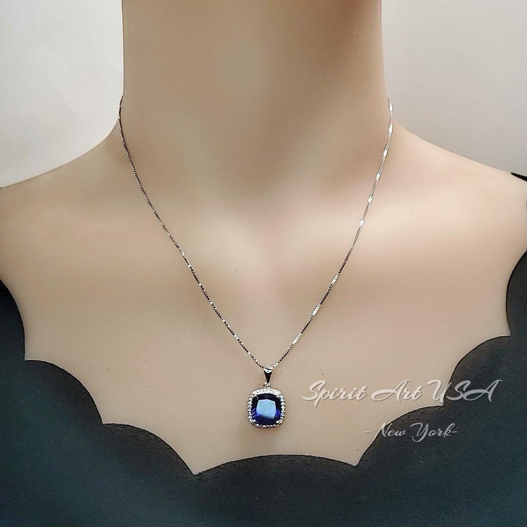 Large Tanzanite Necklace - 18KGP @ Sterling Silver - December Birthstone jewelry - Square Cushion Deep Blue 5CT Tanzanite #696