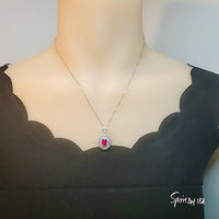 Life Spiral Red Ruby Necklace - White Gold Coated Sterling Silver Triple Gemstone Red Ruby Pendant - Royal Whirl Jewelry #796