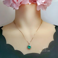 Round 3 CT Emerald Necklace Rose gold Gemstone Sun Halo Pendant Sterling Silver #525