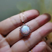 Rose Gold Opal Necklace Gemstone Halo Sunflower White Opal Pendant Sterling Silver Princess Diana Style Jewelry #209