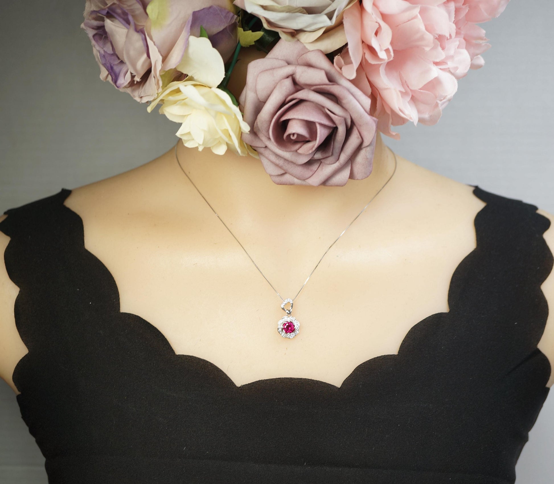 Ruby Necklace, Rose flower style - Birthstone Jewelry - 2 CT Round Cut Red Ruby Pendant - 18kgp @ Sterling Silver - July Birthstone #875B