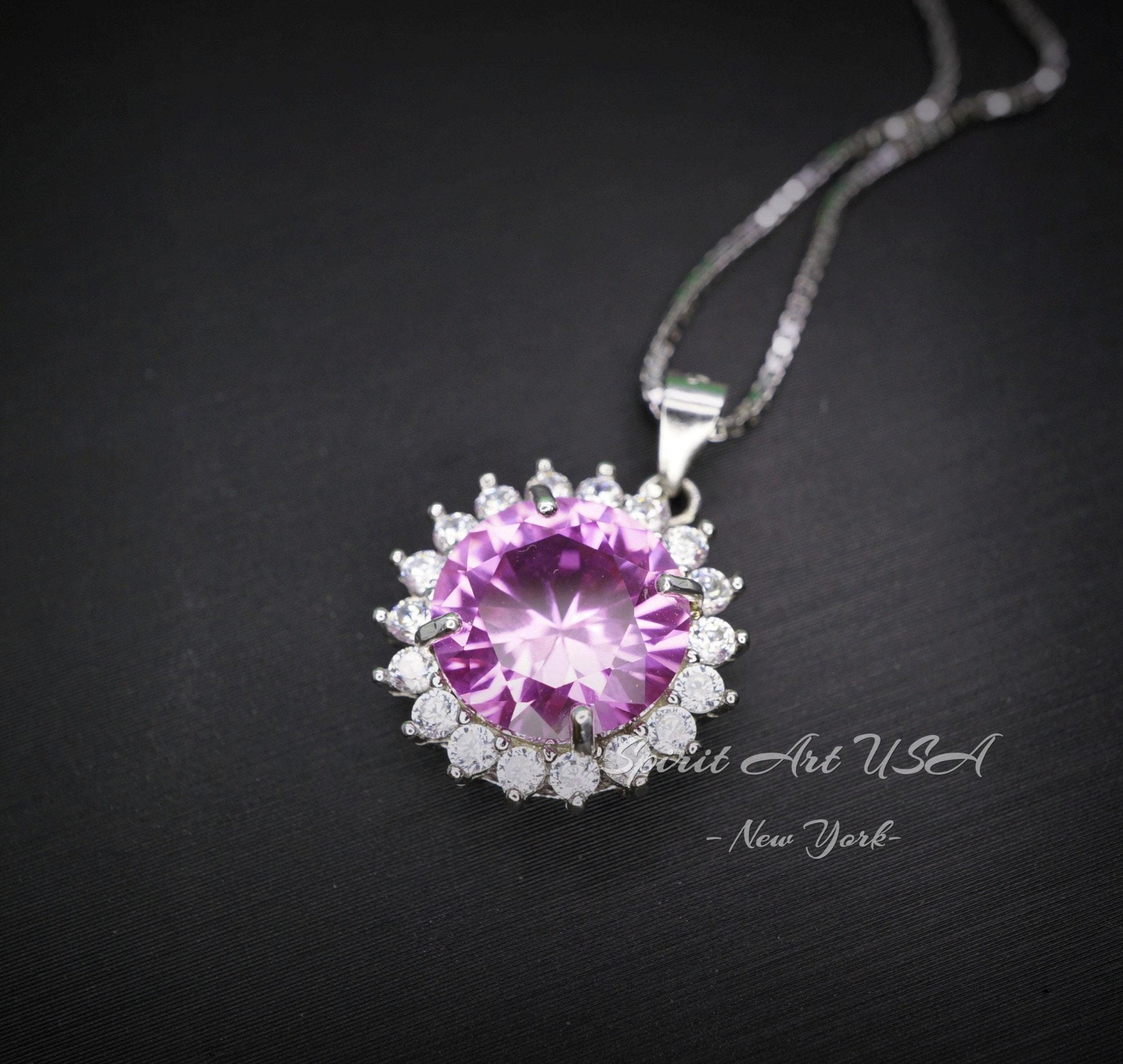 Sterling Silver Pink Tourmaline Necklace - Diamond Princess Diana Style Fuchsia Solitaire Halo 10 mm 4 CT Pink Tourmaline Pendant 18kgp #432