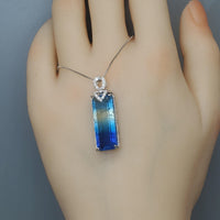 Blue Tourmaline Necklace Sterling Silver Rectangle Unique Design Aquamarine Style Blue Gemstone Jewelry #988