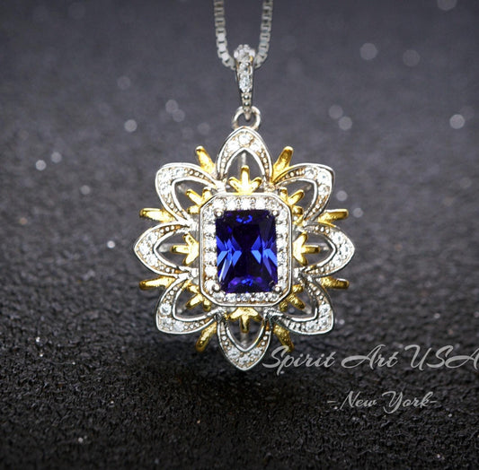 Blue Tanzanite Necklace Gemstone Water Lily Flower Pendant - 18k @ Sterling Silver - 1 CT Rectangle Lab Created Blue Tanzanite Jewelry #650