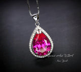 Large Teardrop Pink Sapphire Necklace - Sterling Silver Fuchsia Large 5 CT Pink Sapphire Pendant - White Gold Fuchsia Gemstone Jewelry #746