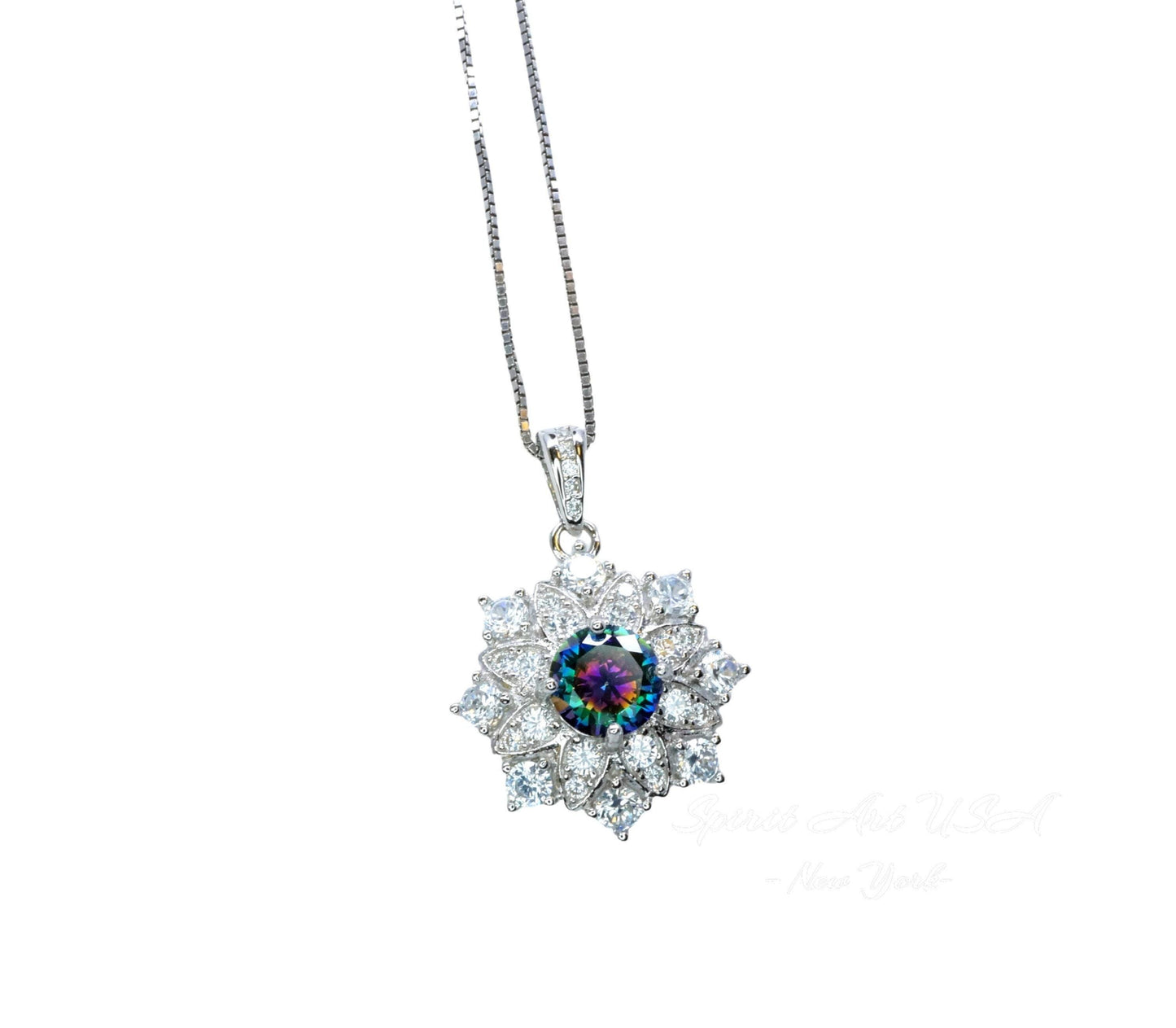 Mystic Topaz Necklace - Gemstone Snow Flower Pendant - Sterling Silver Round 6mm Mystic Topaz Pendant - 18KGP Double halo style #497